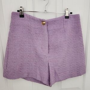 Zara Lavender Tweed High-Waist Shorts with Gold Button